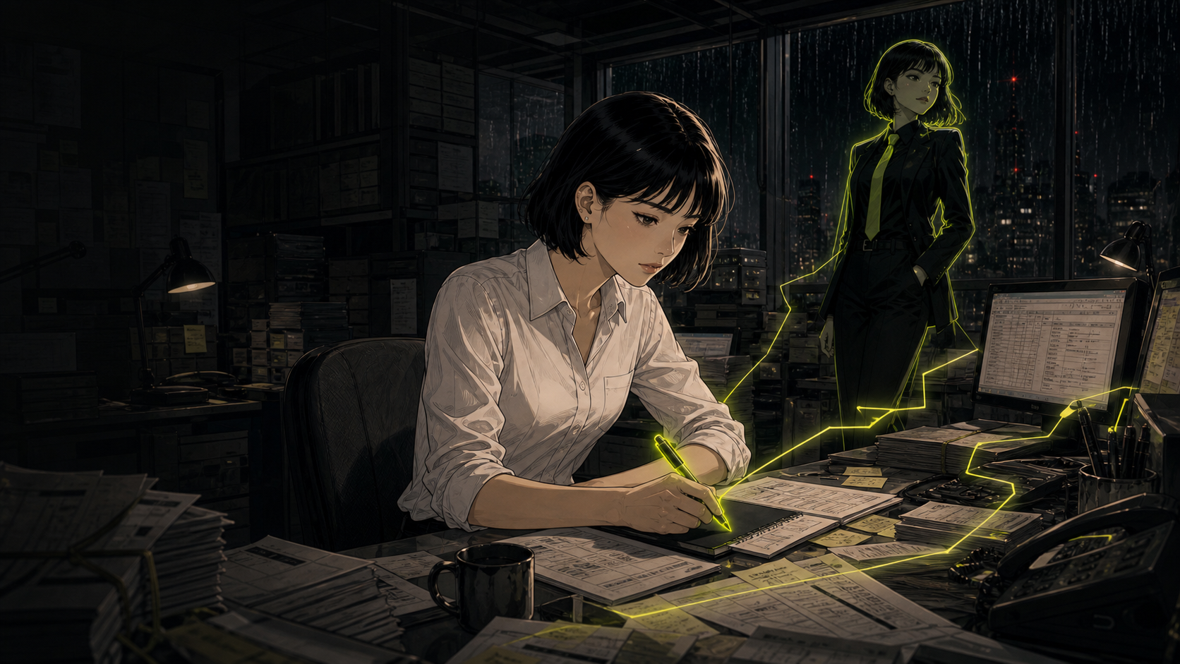 Young Kim traces the first glowing signal through a late-night office filled with manual work